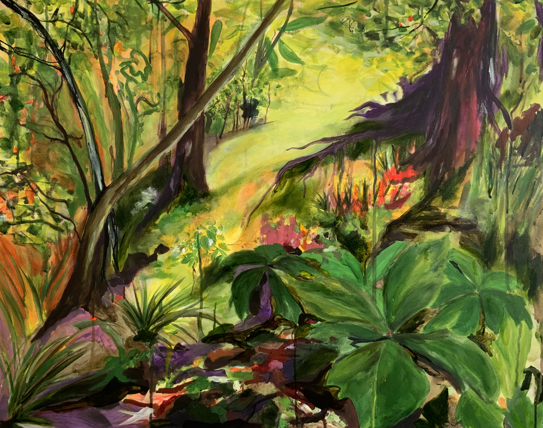Der Moment im B. Garten, 2023, Acryl, Öl, Tusche, Moorlake, Papier auf Leinwand, 80x100cm