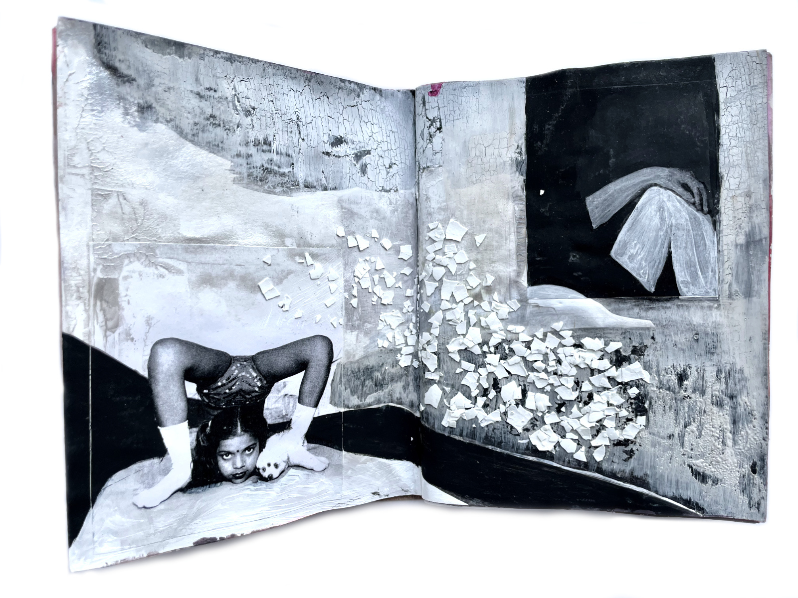 Anja Ehrenberg Kontorsion, 2024, Acryl, Tusche, Papier, Eierschalen im Arbeitsbuch Textur