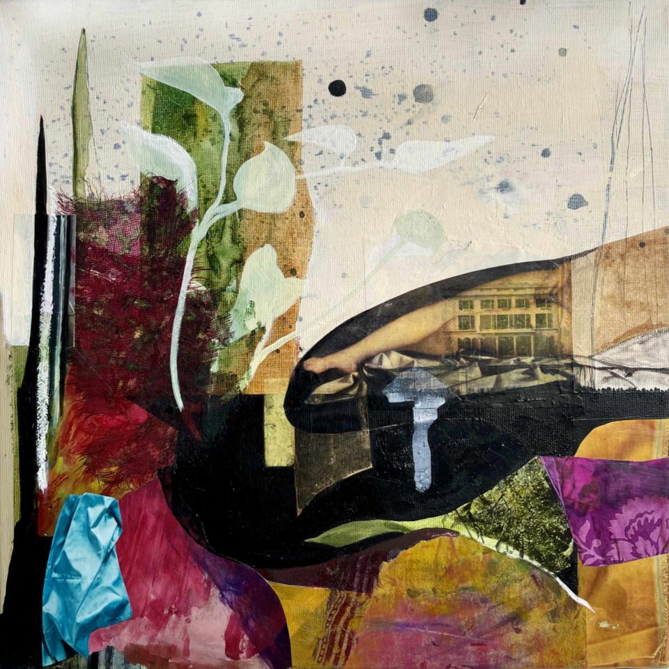 Anja Ehrenberg, Ma Maison Femme, 40x40 cm, Öl Acryl Papier Stoff Tusche auf Leinwand, 2024