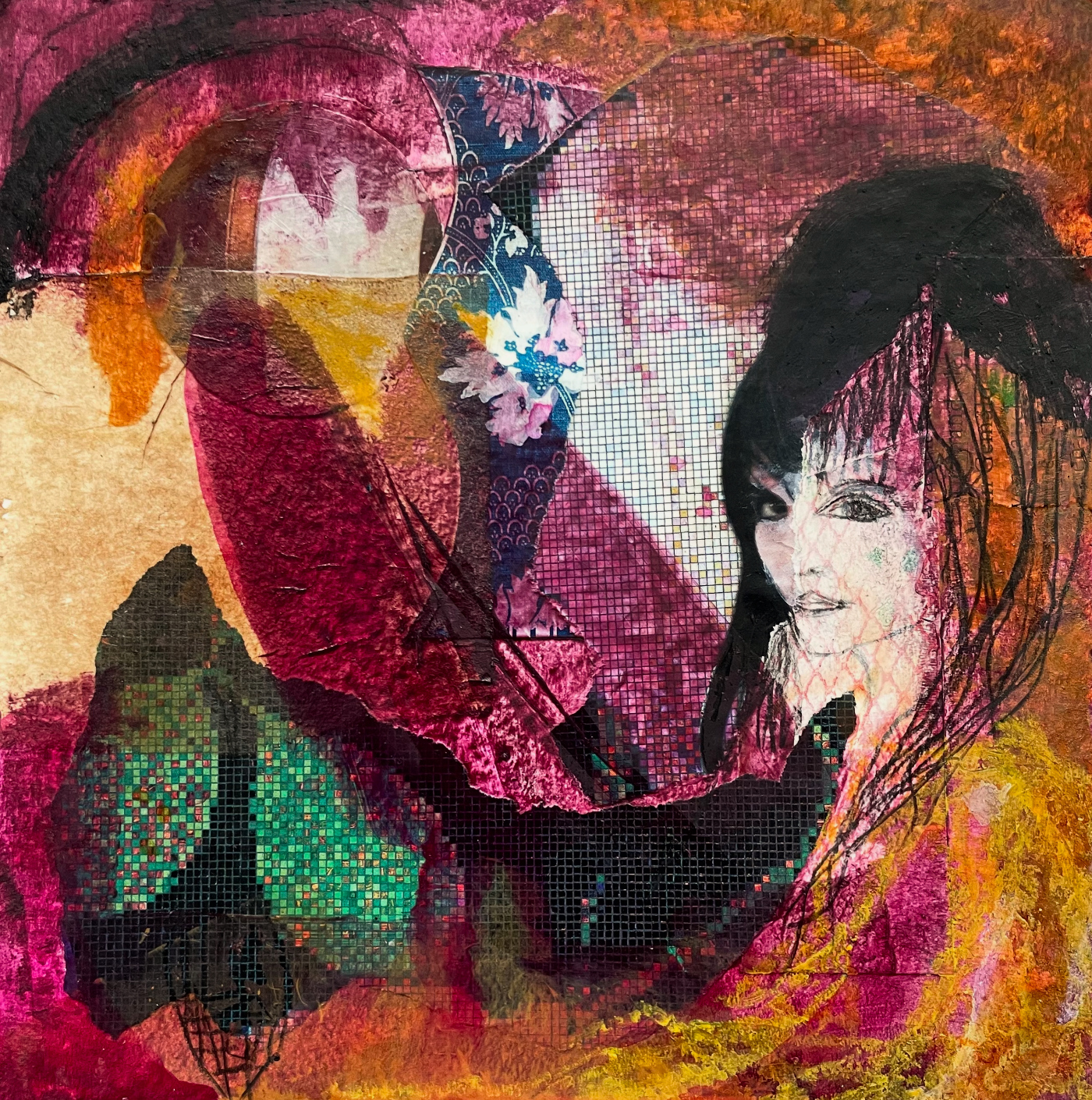 Mosaic Woman, 2025, Acyrl, Tusche, Buntstift, Ölkreide, Moorlake, Papier, 18 x 18 cm