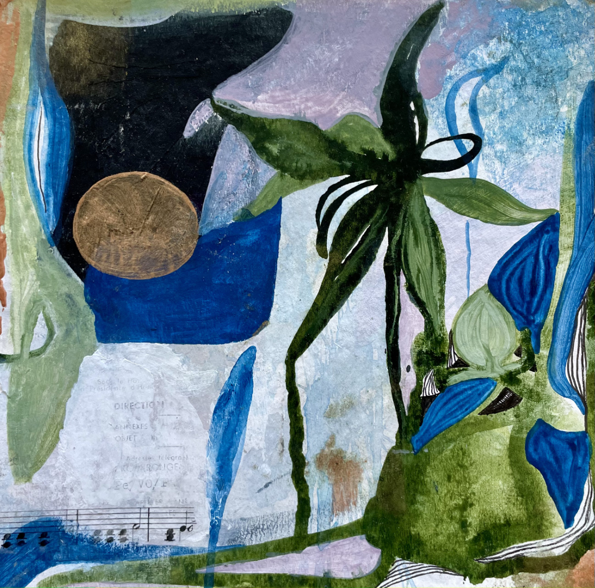 O.T. (GOLDENER MOND MIT MUSIK), 2024 Acryl, Tusche, Papier, Klebefilmtransfer, 20 x 20 cm