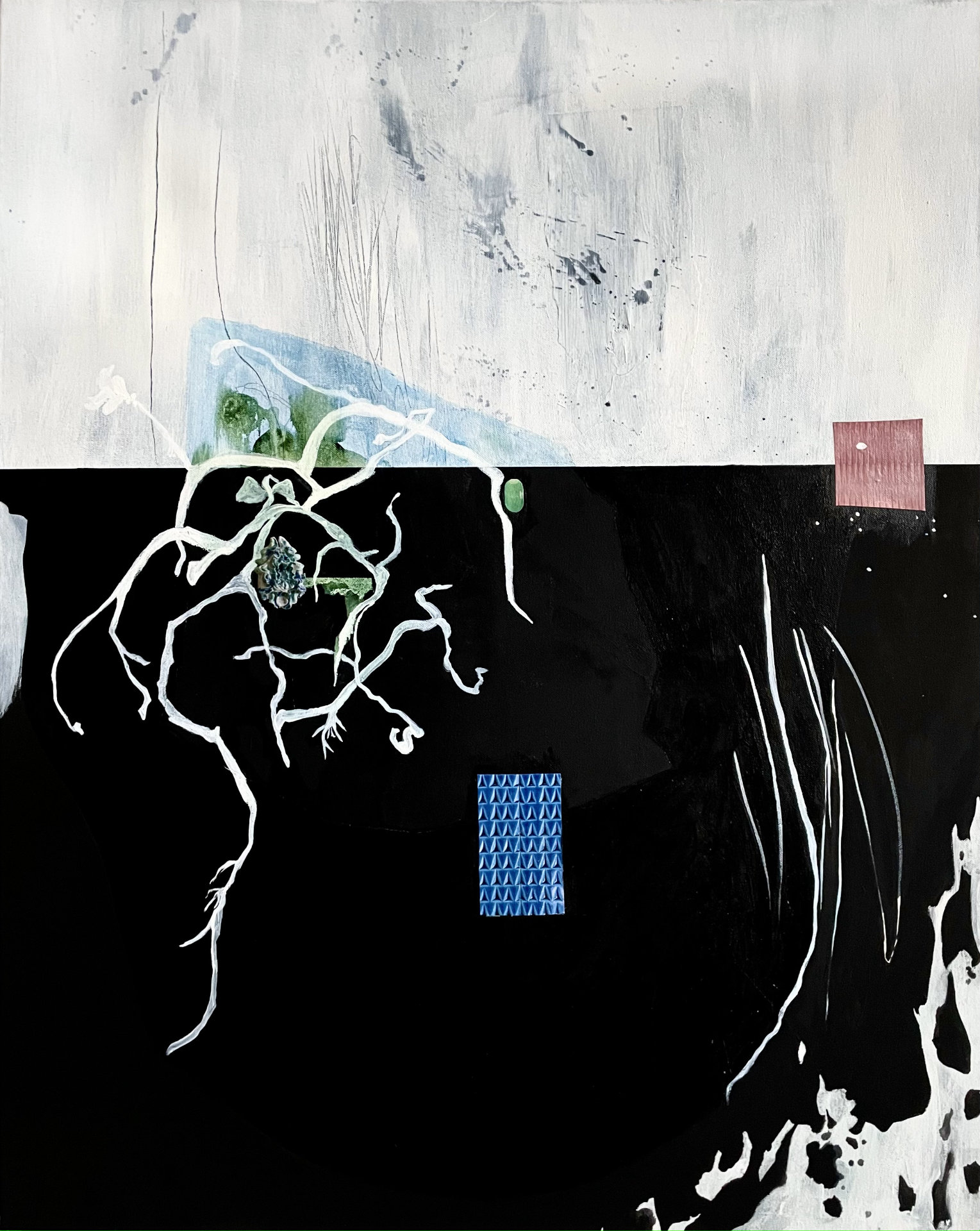 Anja Ehrenberg SONATE IN SCHWARZ WEIß, 2024 Öl, Acryl, Papier, Tusche auf Leinwand, 80x100 cm
