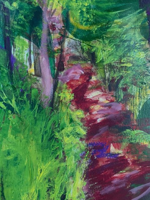 Diving back into landscape painting with a special focus on colour, colour harmony etc… What you see is a detail of a painting in progress.  #painting #colourharmony #nature #path #mixedmedia