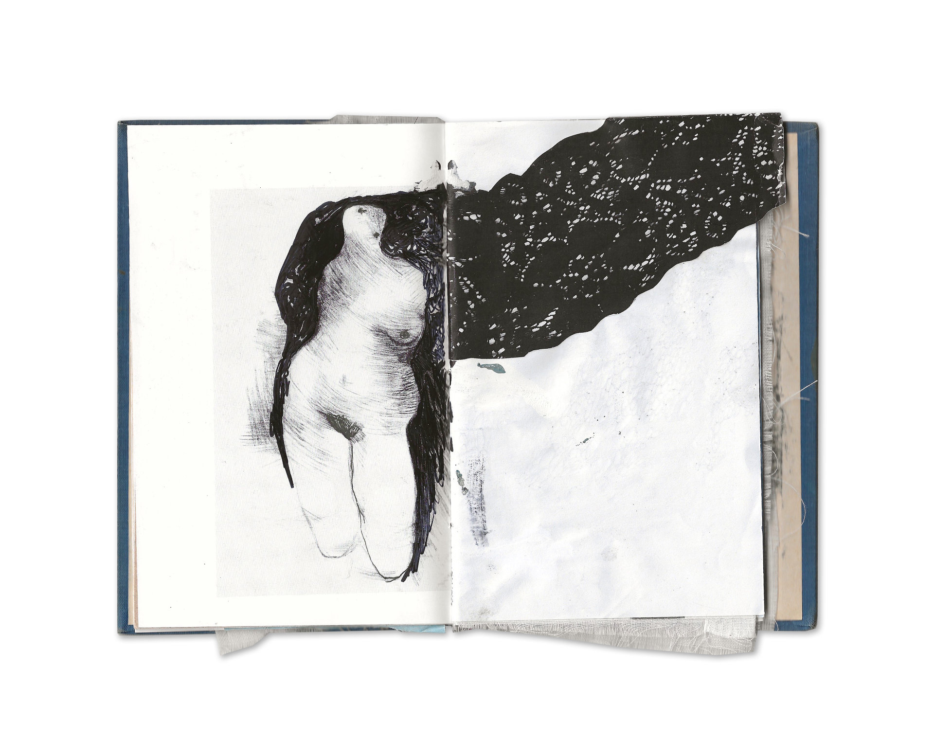 Frau, Textil, Zeichnung, schwarz, Mixed Media